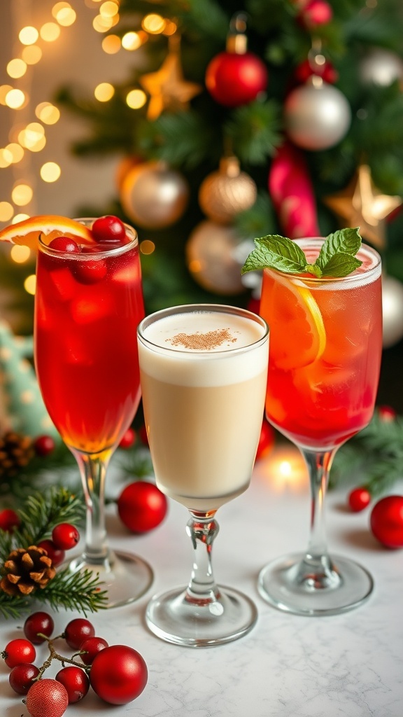 Three Christmas cocktails: cranberry orange sparkler, eggnog with nutmeg, and pomegranate gin fizz with mint.